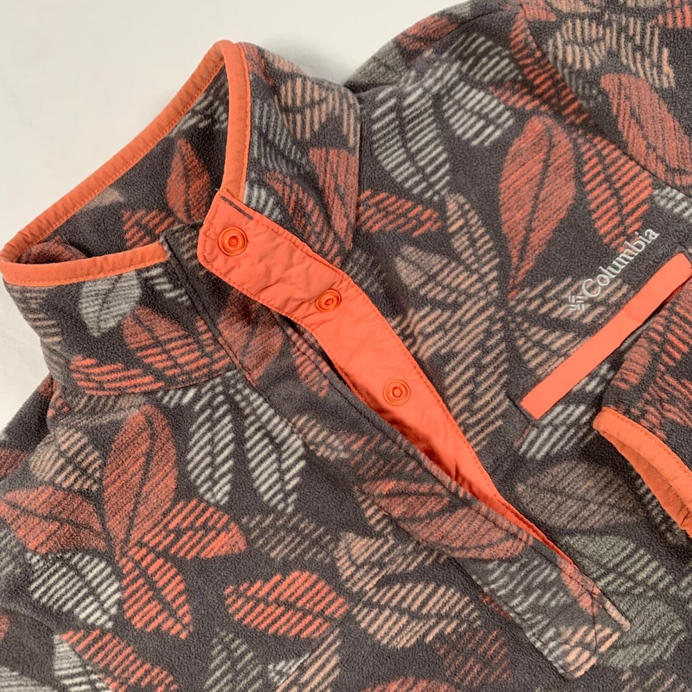 Columbia‎ Womens XS Fleece Pullover Leaf Print Snap Mock Neck Coral Trim